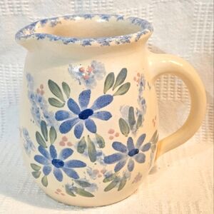 East Texas Pottery Hand Painted Blue and Pink Floral Pitcher Circa 1980's